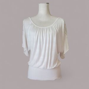 BCX White Batwing Short Sleeve Lace Detail Shoulder Blouson Banded Top Size L